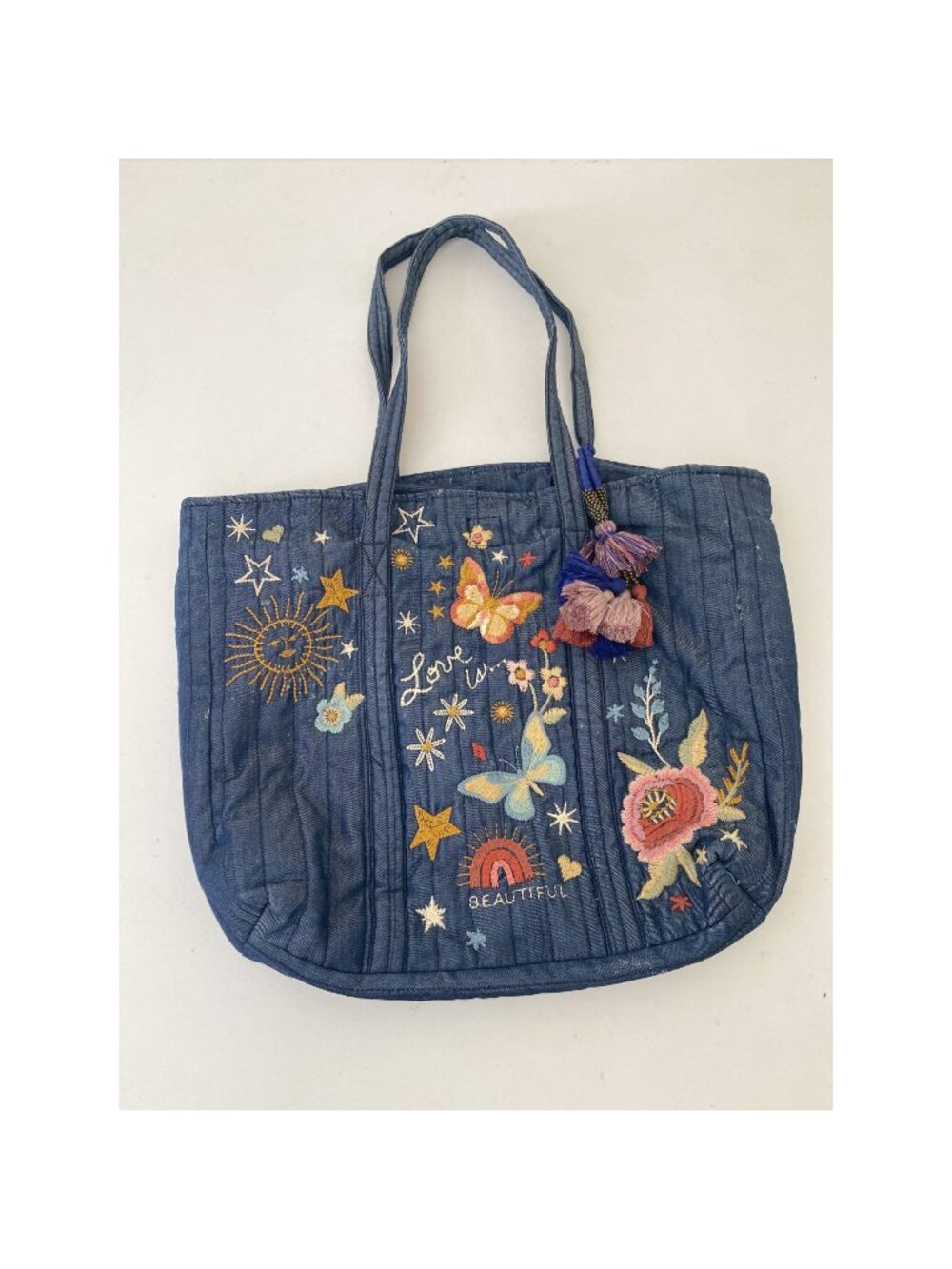 Johnny Was Love is Beautiful Embroidered Tote Shoulder Bag Purse Blue